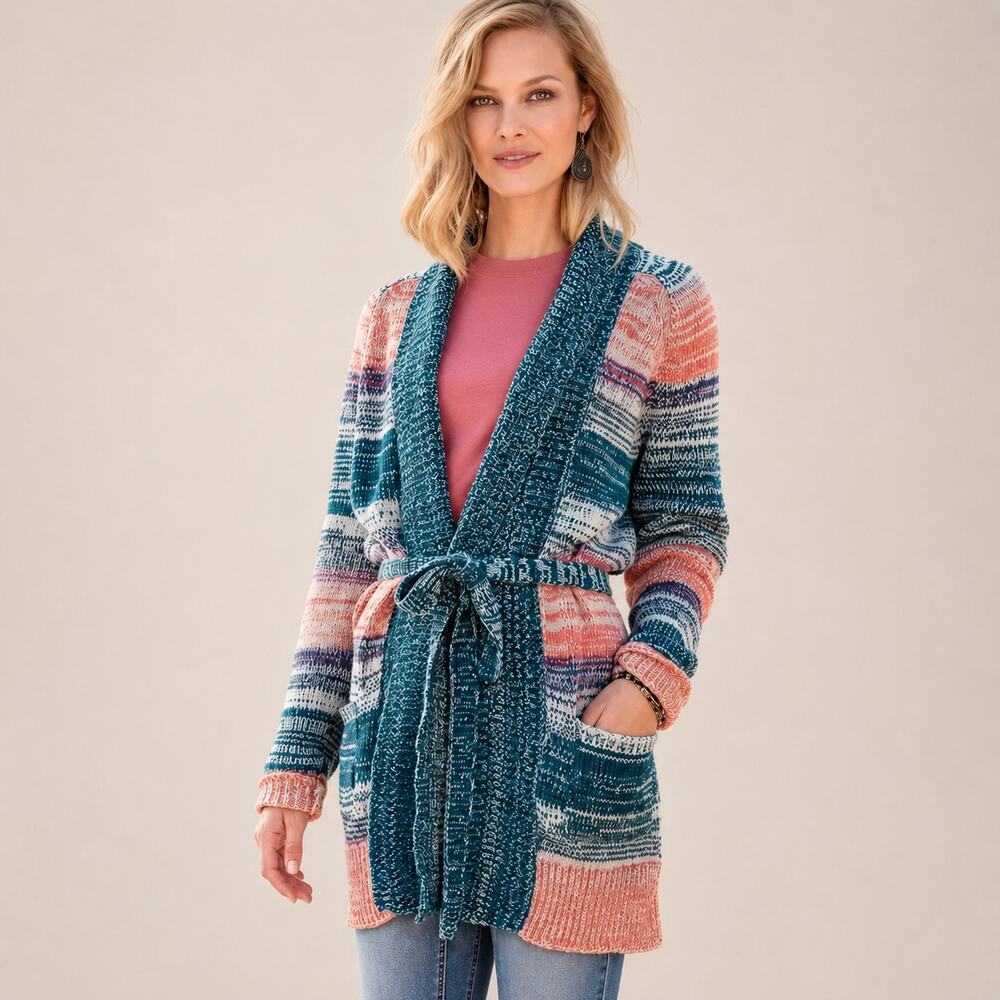 Sundance Catalog Hayden Open Front Cardigan Multicolor Stripe Belt Size Small